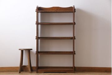 レトロ家具　昭和レトロ　タモ材　象嵌がポイントになったブックシェルフ(本棚、飾り棚、オープンラック)