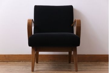 レトロ家具　昭和レトロ　ナラ材　黒い座面が格好いい一人掛けソファ(アームチェア)