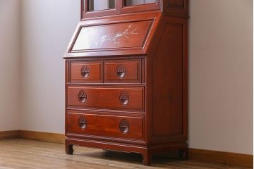 ビンテージ　高級唐木家具　花鳥図　美しい象嵌があしらわれたビューローブックケース(ライティングビューロー、本箱、飾り棚、ワークデスク、ヴィンテージ、在宅用、在宅ワーク)(定価約65万円)