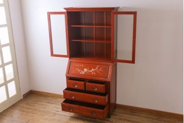 ビンテージ　高級唐木家具　花鳥図　美しい象嵌があしらわれたビューローブックケース(ライティングビューロー、本箱、飾り棚、ワークデスク、ヴィンテージ、在宅用、在宅ワーク)(定価約65万円)