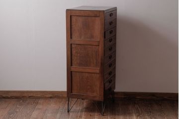 レトロ家具　昭和レトロ　タモ・ブナ材　鉄脚付き　ワークスペースにおすすめな温もり溢れる縦型小引き出し(サイドチェスト)