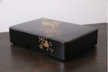 アンティーク雑貨　和製アンティーク　漆器　品のある花鳥図が美しい木製の手許箱(小物入れ、文箱、硯箱)