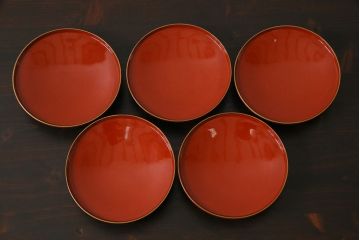 古民具・骨董　明治大正期　蒔絵　鷹と松　朱塗りのお椀5客セット(木製漆器)
