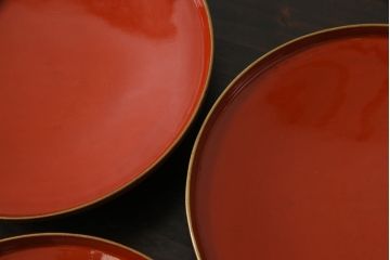 古民具・骨董　明治大正期　蒔絵　鷹と松　朱塗りのお椀5客セット(木製漆器)