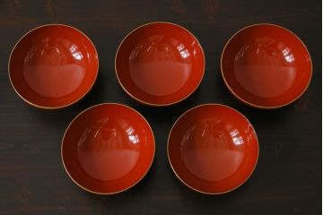 古民具・骨董　明治大正期　蒔絵　鷹と松　朱塗りのお椀5客セット(木製漆器)