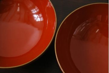 古民具・骨董　明治大正期　蒔絵　鷹と松　朱塗りのお椀5客セット(木製漆器)