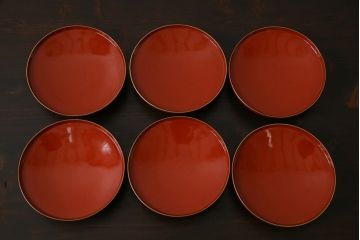 アンティーク雑貨　古民具・骨董　明治大正期　蒔絵　鷹と松　朱塗りのお椀6客セット(木製漆器)(1)
