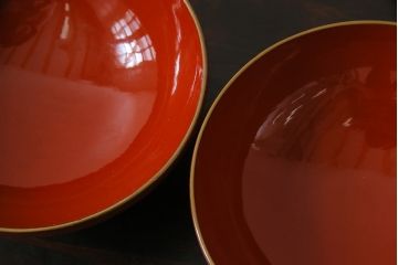 アンティーク雑貨　古民具・骨董　明治大正期　蒔絵　鷹と松　朱塗りのお椀6客セット(木製漆器)(1)