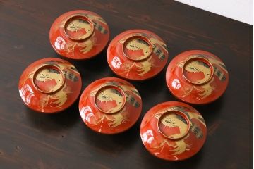 古民具・骨董　明治大正期　蒔絵　鷹と松　朱塗りのお椀6客セット(木製漆器)(2)