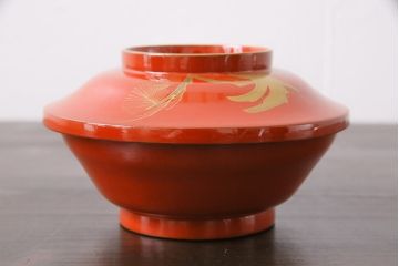 古民具・骨董　明治大正期　蒔絵　鷹と松　朱塗りのお椀6客セット(木製漆器)(2)