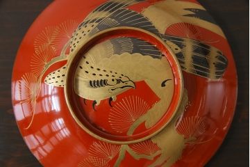 古民具・骨董　明治大正期　蒔絵　鷹と松　朱塗りのお椀6客セット(木製漆器)(3)