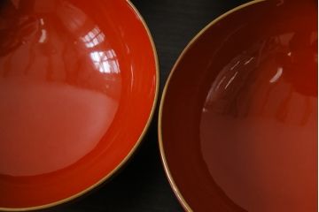 古民具・骨董　明治大正期　蒔絵　鷹と松　朱塗りのお椀6客セット(木製漆器)(3)