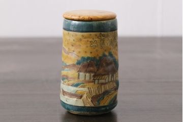 アンティーク雑貨　骨董　里山の情景が描かれた九谷焼の茶入れ(茶道具、陶器)