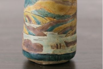 アンティーク雑貨　骨董　里山の情景が描かれた九谷焼の茶入れ(茶道具、陶器)