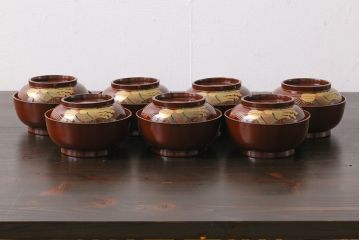 アンティーク雑貨　和製アンティーク　瓢箪の図　シックな雰囲気の木製お椀(漆器、和食器)7客セット