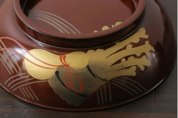 アンティーク雑貨　和製アンティーク　瓢箪の図　シックな雰囲気の木製お椀(漆器、和食器)7客セット