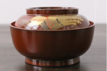 アンティーク雑貨　和製アンティーク　瓢箪の図　シックな雰囲気の木製お椀(漆器、和食器)7客セット