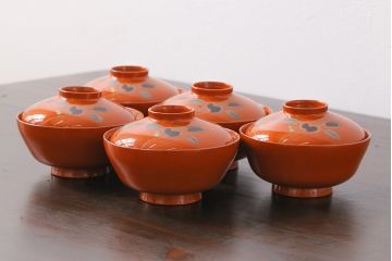 和製アンティーク　色合いが味わい深い木製お椀(漆器、和食器)5客セット