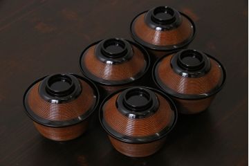 和製アンティーク　モダンな雰囲気が漂う木製糸目椀(蜆椀、漆器、和食器)5客セット