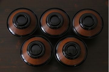 和製アンティーク　モダンな雰囲気が漂う木製糸目椀(蜆椀、漆器、和食器)5客セット