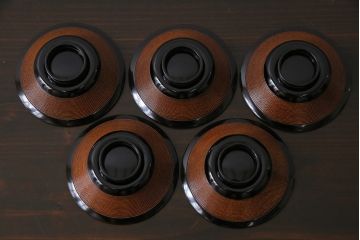 和製アンティーク　モダンな雰囲気が漂う木製糸目椀(蜆椀、漆器、和食器)5客セット