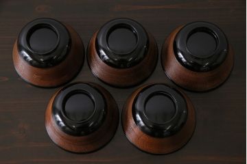 和製アンティーク　モダンな雰囲気が漂う木製糸目椀(蜆椀、漆器、和食器)5客セット