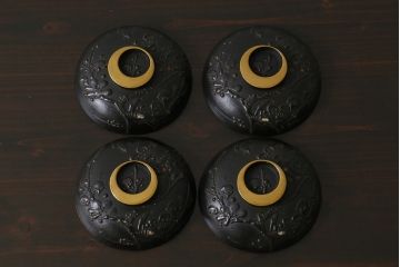 和製アンティーク　鉄錆蒔絵　赤富士の図　和モダンな蓋付椀(漆器)4客セット