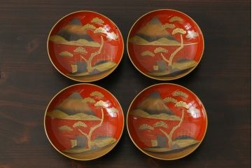 和製アンティーク　鉄錆蒔絵　赤富士の図　和モダンな蓋付椀(漆器)4客セット