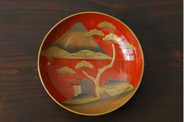 和製アンティーク　鉄錆蒔絵　赤富士の図　和モダンな蓋付椀(漆器)4客セット