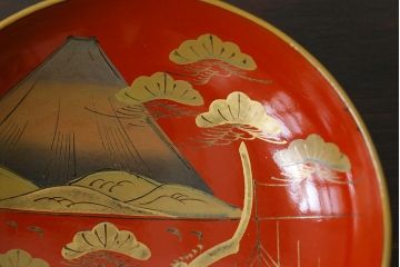 和製アンティーク　鉄錆蒔絵　赤富士の図　和モダンな蓋付椀(漆器)4客セット