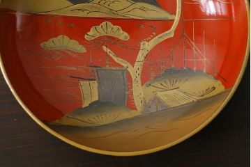 和製アンティーク　鉄錆蒔絵　赤富士の図　和モダンな蓋付椀(漆器)4客セット