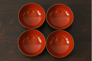 和製アンティーク　鉄錆蒔絵　赤富士の図　和モダンな蓋付椀(漆器)4客セット