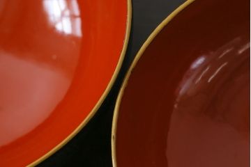和製アンティーク　鉄錆蒔絵　赤富士の図　和モダンな蓋付椀(漆器)4客セット