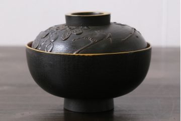和製アンティーク　鉄錆蒔絵　赤富士の図　和モダンな蓋付椀(漆器)4客セット