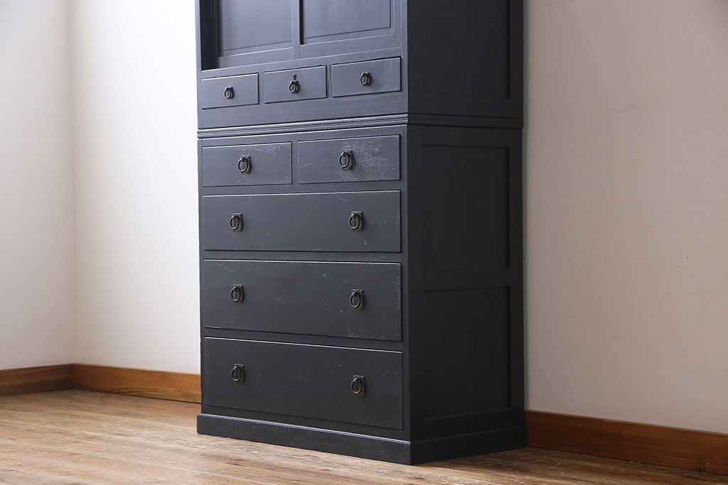 和製アンティーク　ペイント家具　幅狭　シックな雰囲気がお洒落なチェスト(重ね箪笥、収納棚、引き出し)