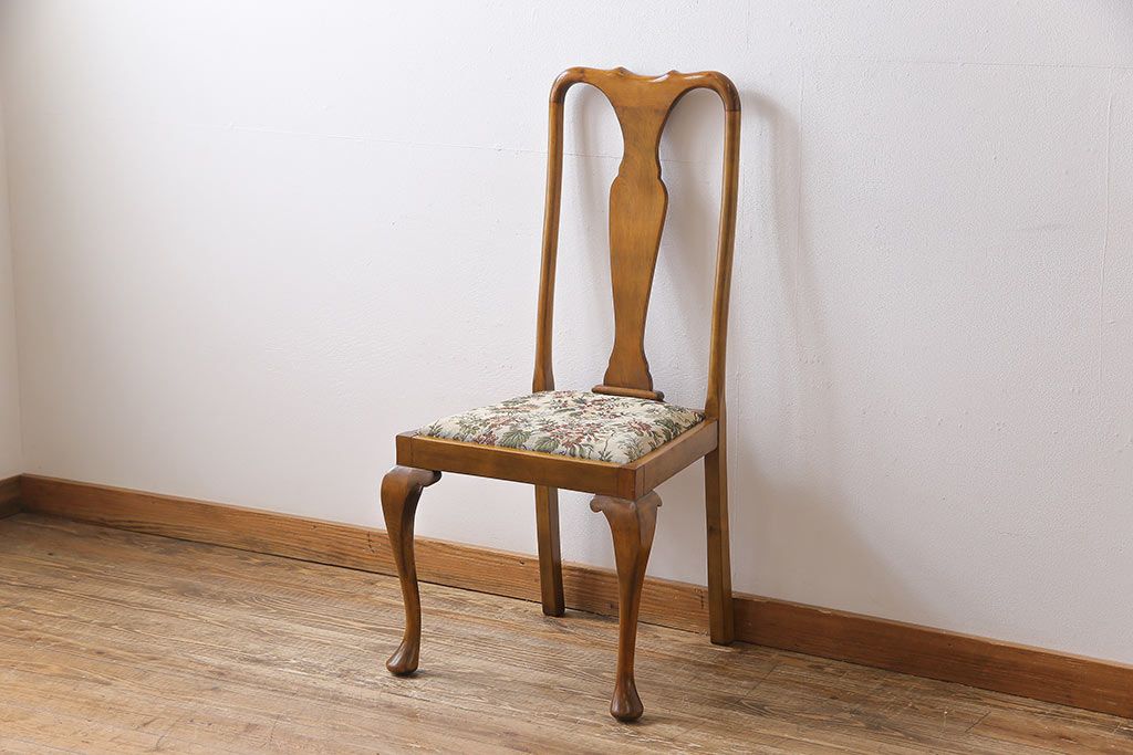 アンティーク家具　フランスアンティーク　バーチ材　シックな花柄の座面のダイニングチェア(ワークチェア、椅子)(1)