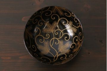 和製アンティーク　内側の絵柄が鮮やかな木製お椀(漆器、和食器)5客セット
