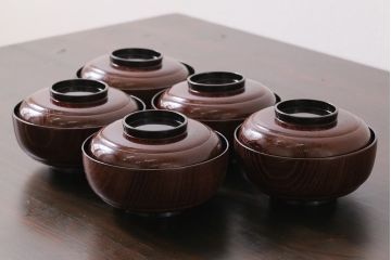 和製アンティーク　輪島塗　高蒔絵　瓢箪の図　上質な蓋付き木製椀(漆器、和食器)5客セット(3)