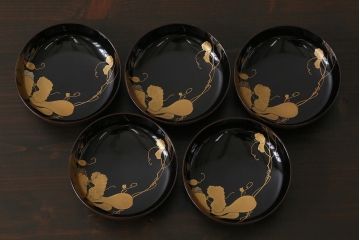 和製アンティーク　輪島塗　高蒔絵　瓢箪の図　上質な蓋付き木製椀(漆器、和食器)5客セット(3)