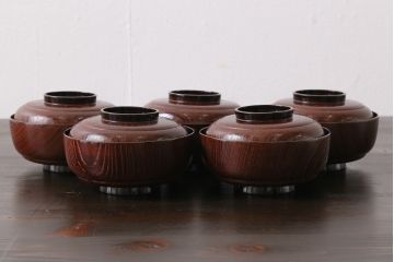 和製アンティーク　輪島塗　高蒔絵　瓢箪の図　上質な蓋付き木製椀(漆器、和食器)5客セット