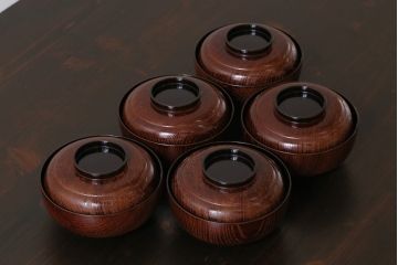 和製アンティーク　輪島塗　高蒔絵　瓢箪の図　上質な蓋付き木製椀(漆器、和食器)5客セット