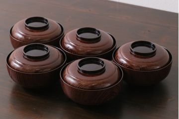 和製アンティーク　輪島塗　高蒔絵　瓢箪の図　上質な蓋付き木製椀(漆器、和食器)5客セット