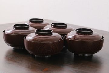 和製アンティーク　輪島塗　高蒔絵　瓢箪の図　上質な蓋付き木製椀(漆器、和食器)5客セット