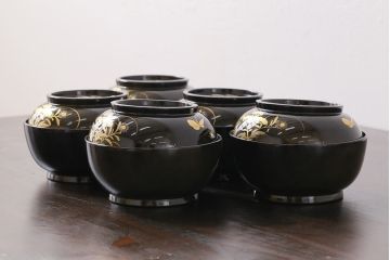 和製アンティーク　大正昭和初期　蝶や草花の蒔絵が品のある木製のお椀5客セット(漆器)