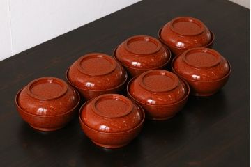 和製アンティーク　朱塗り　和モダンなデザインがお洒落な木製のお椀7客セット(漆器、和食器)