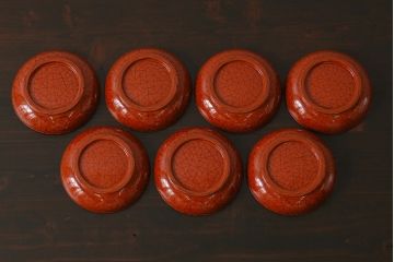 和製アンティーク　朱塗り　和モダンなデザインがお洒落な木製のお椀7客セット(漆器、和食器)