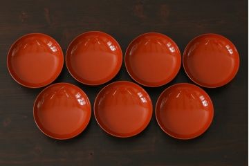 和製アンティーク　朱塗り　和モダンなデザインがお洒落な木製のお椀7客セット(漆器、和食器)