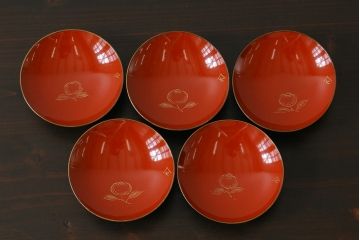 和製アンティーク　漆器　迫力ある図柄の描かれた木製椀5客セット(和食器)