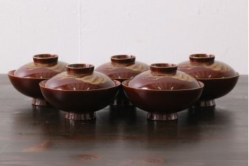 和製アンティーク　漆器　迫力ある図柄の描かれた木製椀5客セット(和食器)