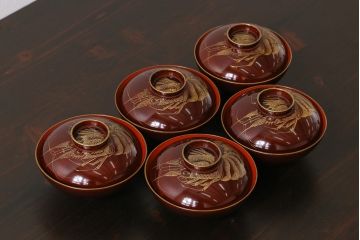 和製アンティーク　漆器　迫力ある図柄の描かれた木製椀5客セット(和食器)
